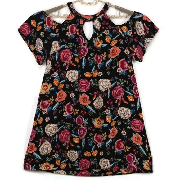 As U Wish Cold Shoulder Dress‎ Black Pink Floral Keyhole L Large - Picture 1 of 12